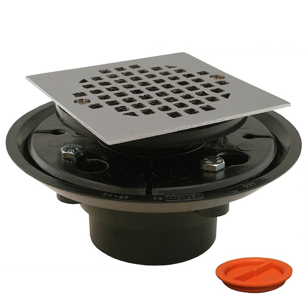 2inX3in ABS Shower Drain, 2in ABS Spud, 4in Square Chrome Plated Cast Strainer, Test Plug